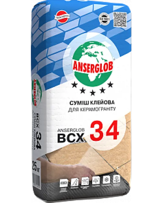 Суміш клейова для керамограніту ANSERGLOB BCX 34, 25 кг Суміш клейова для керамограніту ANSERGLOB BCX 34, 25 кг