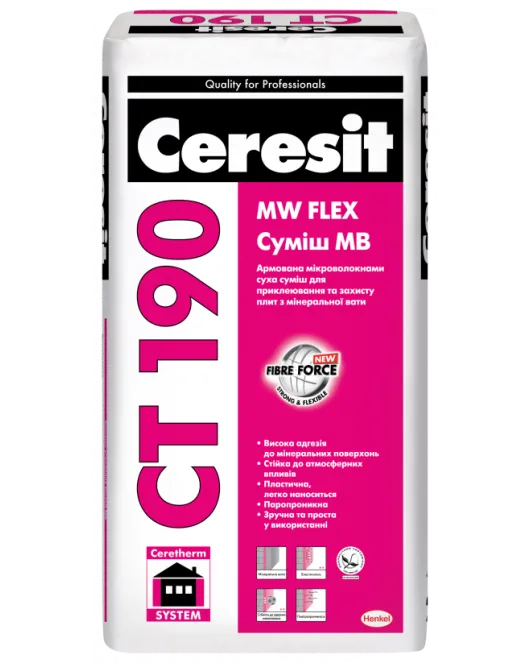 Ceresit СТ 190 Клей для крепления,защиты МВ плит (25 кг) Ceresit СТ 190 Клей для крепления,защиты МВ плит (25 кг)