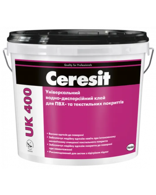 Ceresit UK 400 14кг. Универсальный для ПВХ - и текстильных покрытий Ceresit UK 400 14кг. Универсальный для ПВХ - и текстильных покрытий